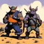 Placeholder: [art by Alan Martin and Jamie Hewlett (1988)] Bebop and Rocksteady, in the desert of the lostlands