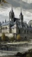 Placeholder: A gray monastery made out if steel painted by Claude Monet