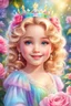 Placeholder: Adorable digital painting of a beautiful little girl in a gorgeous rainbow princess dress, portrait of Elsa, sparkling crown, front view, beautiful smile, shiny golden curly hair, angel eyes, beautiful face, rosy cheeks, pink lips, Elsa face, digital art, surrounded by paradise garden and roses in the background, romantic style, pastel world, high quality, 4k