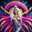 Placeholder: full body photorealistic portrait of a beautiful smiling amazonian carnival goddess with long parma white hair, colorful feathers tight hips with a tron like body suit in a cosmic surounding only blue , pink and yellow