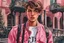 Placeholder: close up headshot portrait of beautiful teenage boy who looks like a girl, brown hair, red eyes, pretty body, pretty legs, perfect face, Wadim Kashin, James Gurney, Ink, splash art, amazing beauty, college courtyard background, has pink accents on clothes