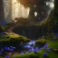 Placeholder: Fantasy concept art, dynamic lighting, Intricately detailed, Splash screen art, deep color, Unreal Engine, volumetric lighting, blue flowers, moss, leather, creek, pond, fantasy forest artwork,