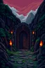 Placeholder: ancient door in lush dark mountain with no sky and broken fire brazers and stone statues in pixel art