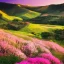 Placeholder: paysage collines roses, coucher de soleil, fleurs