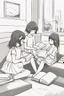 Placeholder: Little girls sitting together, reading books with rectangular-shaped pages. Incorporate rectangles for the books, bookshelves, and cozy reading nooks.,very happy , Colloring page for todlliers ; basic hawali style cartoon , black and white , ink outlines , , smooth , anime style , minimalist , cute eyes , full body , white shose , sketchbook , realistic sketch , free lines , on paper , character sheet , clean line art high detailed