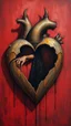 Placeholder: Bosch style painting , A shadow of a spirit inside a rusty metallic open heart in details on red bloody background