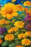 Placeholder: ideal image optimization, the best lush Tagetes erecta result, Create stunning summer flowers art combining Gustav Klimt's intricate style with Pierre-Auguste Renoir's vibrant brushstrokes. Use alcohol ink splatter for dynamic elements. Aim for hyper-detailed super realism in 8K, with bright neon colors and gold accents, capturing a radiant summer day. Add an Art Nouveau aesthetic to enhance elegance and sophistication of this award-winning Masterpiece, seamless pattern