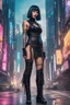 Placeholder: full-body-art of a woman with a bob with a fringe hairstyle, Cleopatra clothing, black knee-high boots, cyberpunk city background