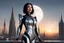 Placeholder: A slim Woman With Black shoulder length hair, Wearing a silver and black android-looking suit, standing sideways On a ledge of a building, with a moon Behind Her Head, towering spires and buildings highlighted by the setting sun