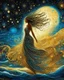 Placeholder: No corners drawing lines dots Kandinsky A full-body pretty African Asian moon goddess draped in flowing celestial fabric walks on water beneath a glowing full moon. Her gown unfurls like clouds, catching starlight and golden dust in the night air. The scene is surreal and divine, with painterly textures and a balance of shadow and illumination vertical Award winning imagery trompe l'oeil 3D surrealism masterpiece of Odilon Redon's dreamlike surrealism. kintsugi painting of abstract squares creat