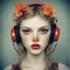 Placeholder: Grunge Polaroid head shot of doll faced lindsey wixson, orange pouty bee stung lips, red nose, hair adorned with tiny flowers, red cheeks and nose, headphone