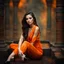 Placeholder: Beautiful 25 year old woman sitting wearing an orange jumpsuit. dark fantasy