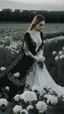 Placeholder: black lace scarf and dirty white wedding dress in a field of white roses.cinematic picture