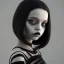 Placeholder: Jenna ortega black dress,soft goth libstick, wednesday addams family make up, brad double wig, addams family style, highly detailed, volumetric lighting, unreal engine, 8k