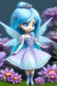 Placeholder: cute happy fairy girl with rounded blue eyes, big long silver hair, and with tiny black fluffy kitty sitting in her five fingers hands, chibi 3d anime character, detailed, fantasy style, nice picture in the big meadow with pale colors flowers