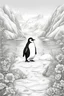 Placeholder: outline art with pencil sketch art for { A curious penguin waddling through a snowy Antarctic landscape, surrounded by playful seals and towering icebergs}with floral background pencil sketch style,full body only use outline with black and white outline and make a floral backgound with black and white background