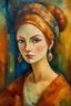 Placeholder: A painting of a woman in a symbolist painting style mixed with a post impressionist painting style