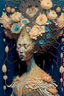 Placeholder: The surreal picture entitled "Queen of the damned" depicts an Ethereal woman wearing an intricately detailed gown made of quilling made of objects from nature who has flowers cascading down from the top of her head", hyper-detailed, constructivism, stunning, dynamic, Victo Ngai, Michelangelo, Dali