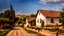 Placeholder: old village houses, European village, dirt road, the last house on the street is the oldest, with an old roof, adobe house, rose bushes in front of the house street photo, cloudy sky