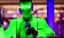 Placeholder: futuristic man in a green suit in a restaurant with purple lights, full of people, pointing a gun