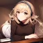 Placeholder: girl wearing a t-shirt, leaning on desk, wearing head phones, brown tight fluffy hair, brown eyes, in a light brown room