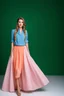 Placeholder: full body of very beautiful lady midi blue skirt and orange bluse , Braided hair ,standing idle happy pose in studio pretty makeup