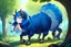 Placeholder: Girl have goat's horns, blue hair, clearing in forest, cabbage in hand , hoof foot ,