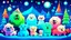 Placeholder: fantasy cartoon illustration: happy cute arctic animals looking Norther lights during Christmas party