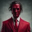 Placeholder: a sinister figure wearing a red suit with a red tie with no face and dirty hair