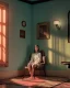 Placeholder: Room scene with sit woman, Wes Anderson style, realistic photo, concept art, smooth, unreal engine 5, god lights, ray tracing, RTX, lumen lighting, ultra detail, volumetric lighting, 3d.