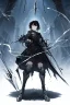 Placeholder: Anime girl with short black hair and sharp green eyes holding a spear, full body black and white metal plate armour, full body shot, Dramatic lighting,1woman, soaked in blood, Warrior, standing pose, One weapon