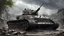 Placeholder: World War 2, A new design of a German TANK parked in the street of a destroyed village. The tank we see from ground view. The tank looks scary and powerful. It is pouring with rain. Photo realistic