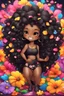 Placeholder: A sassy thick-lined airbrushed cartoon black chibi girl lounging lazily on her side, surrounded by colorful flower petals. She has a golden lion tail curling playfully behind her curvy body. Looking up coyly, she grins widely, showing teeth. Her poofy hair forms a mane framing her confident, regal expression.