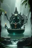 Placeholder: action figure of a crucified alien necrophyte electric eel necromancer on round swamp transparent glass obcidian boat beholder eye wheel throne in a charged foggy jungle waterfall, with withered filmgrain