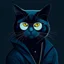 Placeholder: Drawing of a cat with black jacket and glasses NFT style