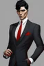 Placeholder: Realistic, red eyes, light skin, short black hair, red earring, suit and tie clothing, gloves on hand