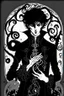 Placeholder: black haired young man necromancer wizard with gothic jewelry and tentacle fingers in the style of Aubrey Beardsley