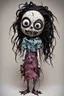 Placeholder: full color, illustration of a dark, menacing, monster girl, as a decayed, broken, crude homemade cloth doll toy, with a narrow cracked porcelain face, thick dark eyebrows, hair made from ragged strips of cloth, in the style of Alex Pardee, Tim Burton, and Nadya Sheremet