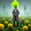 Placeholder: portrait of smiling scientist in coat, yellow mad hat ,cell towers overgrown with plants, autmn, mist, spotlights, spray paint art, book illustration, 4k, high detail