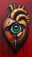 Placeholder: Bosch style painting , A black eye coming out of the middle of a rusty metallic open heart in details on red bloody background