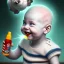 Placeholder: a smiling human clown baby called tobias leander with no hair, playing with toys, sitting in chair, photo realistic spray painting, book cover