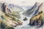 Placeholder: Fantasy watercolor painting of a large river valley in the distance with the river flowing left to right across the page. Rugged cliffs on one side of the river and wooded hills on the other side.