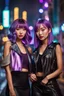 Placeholder: realistic photo from A stunning night scene featuring two Asian women with purple hair standing close to each other posing on the street at night . A cyber city street visible in the background. high detailed, night lights, sharp focus, blur background