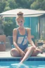 Placeholder: In the music video, a 23-year-old woman with brown/blonde hair and bright blue eyes. She has a messy bun. She is sitting i a swimming pool for children. She sits on a desk and is working on her computer. Childeren are playing in the pool around her.