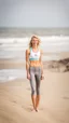 Placeholder: anorexic beautiful 19 year old woman, total shot, grey capri leggins, triathlon top, blonde surfer hair, blurred beach background