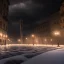 Placeholder: A very dark square in Florence in a stormy night. A cathedral dome in the background. Snow is covering the pavement. A black cat sitting under a streetlight. Unreal Engine. HDR. 8K.