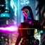 Placeholder: fullbody portrait,beautiful female Cyborg, Holding a scifi weapon aiming at viewer, intense stare, sad eyes, post-apocalyptic in a cyberpunk city, realistic, intriacte detail, sci-fi fantasy style, volumetric lighting, particles, highly detailed ,cinamatic , deep colours,8k, by Caravaggio