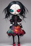 Placeholder: full color, full body illustration of a dark menacing goth vampire girl as a patchwork cloth doll toy, with contrast stitching across her patchwork face, art in the style of Alex Pardee, spirited away, studio ghibli, , 8k , finely detailed and precise line work,