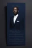 Placeholder: An extremely formal, funeral program for a black man on darkest blue deeply pigmented velvet paper with brilliant, brightest heavy white fonts, simple, minimalistic, less element, very dramatic lighting, detailed, white printers elements,