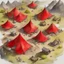 Placeholder: dnd, fantasy, top-down map, map of a large camp, demonic wastes, red, black sand, tents, illustration, watercolour,